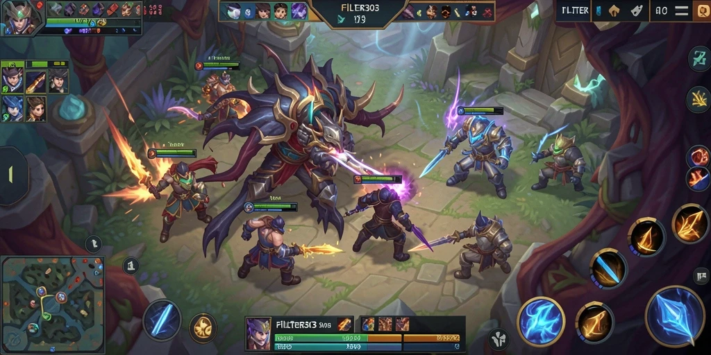 Tangkapan layar gameplay seru FILTER303 di arena MOBA.