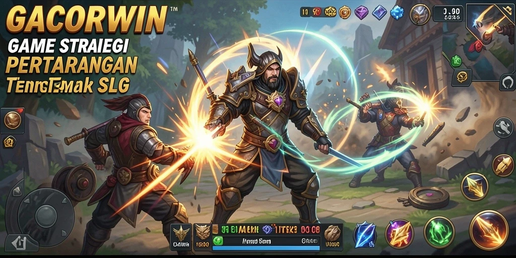 Screenshot utama GACORWIN menampilkan pertarungan strategi yang intens.