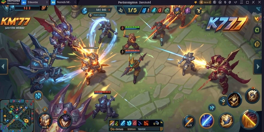 Screenshot gameplay KM777 menampilkan pertempuran MOBA yang mendebarkan.