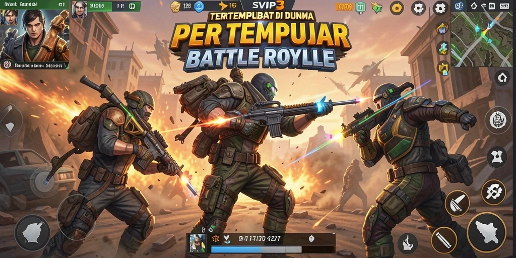 Screenshot gameplay SVIP3 menampilkan aksi seru dalam pertempuran Battle Royale.