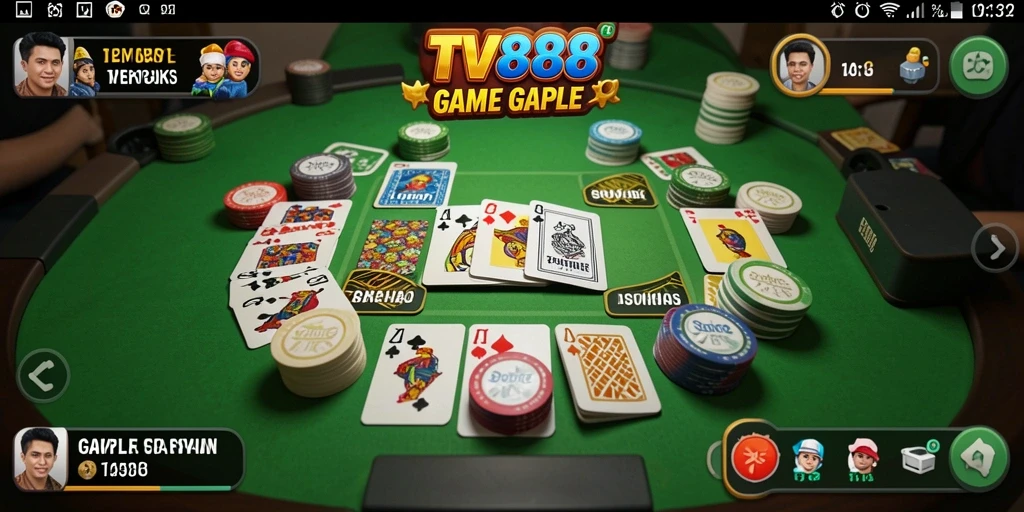Screenshot gameplay Gaple TV888 menunjukkan aksi kartu yang mendebarkan.